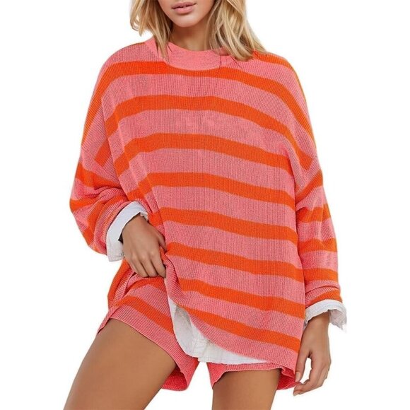 Women Pink Oversized Lounge Set Striped Matching Pajamas Long Sleeve Sweater Top - Picture 1 of 4